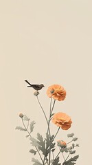 Un simple fond d'écran de téléphone moderne avec des fleurs et des oiseaux, avec une esthétique minimale et abstraite.