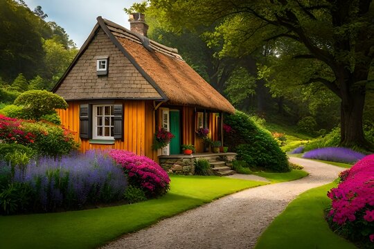 An idyllic image of a charming cottage nestled in a picturesque countryside, surrounded by blooming flowers and rolling hills - Generative AI Technology
