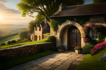 Fototapeta premium An idyllic image of a charming cottage nestled in a picturesque countryside, surrounded by blooming flowers and rolling hills