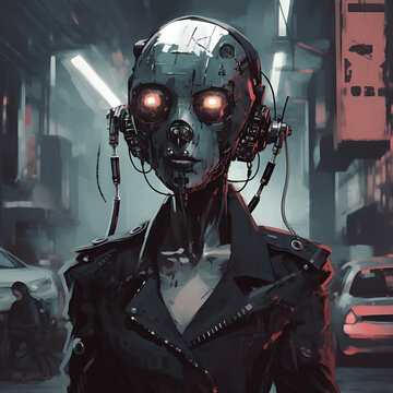 Illustration of a humanized robot on the background of a night city. Dark depressive mood. AI generated content.