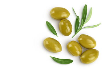 Green olives with leaves isolated on a white background with full depth of field. Top view with copy space for your text. Flat lay