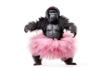 Beautiful Cute Funny Gorilla Dancing Ballet in Pink Tutu on a white background. Generative AI
