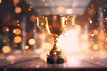 Winner gold trophy with blurred sparks on background. Generative AI