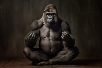 Beautiful Cute Gorilla Meditates while Sitting in the Lotus Pose on a dark background. Generative AI
