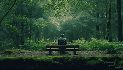 The Concept of Unity with Nature. A Man Relaxes and Contemplates a Beautiful Green Forest extreme closeup. Generative AI.