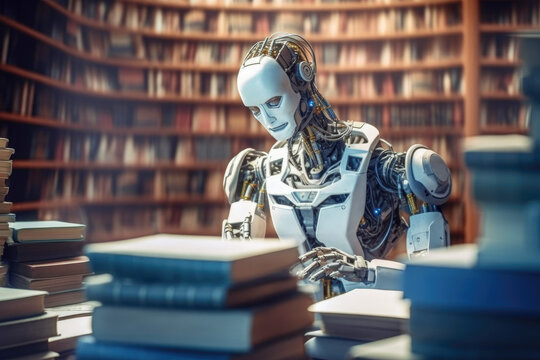 AI Learn Concept. Humanoid Robotic Futuristic Technology Drone Read the Books in Library extreme closeup. Generative AI.