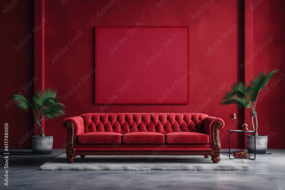 Poster modern red sofa in room with decor plants, red walls and empty photo frame extreme closeup. generati