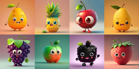 Happy Cartoon Fruits characters collection, Cute Cartoon 3D fruit set, isolated on flat simple Background with copy space. Generative AI 3d illustration imitation.