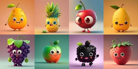 Fotobehang Happy Cartoon Fruits characters collection, Cute Cartoon 3D fruit set, isolated on flat simple Background with copy space. Generative AI 3d illustration imitation. © SnowElf