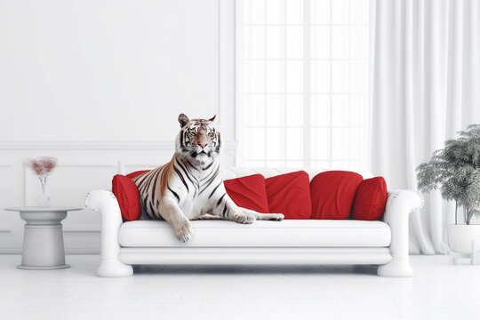 Beautiful Cute Tiger Relaxed on the Red Couch in White Empty Room extreme closeup. Generative AI