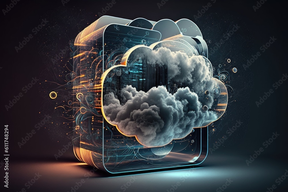 Aufkleber the concept of cloud computing in the form of a transparent technology cabinet with the cloud