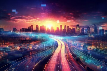 Fototapeta premium Abstract highway path through digital smart city graphic design. Generative AI