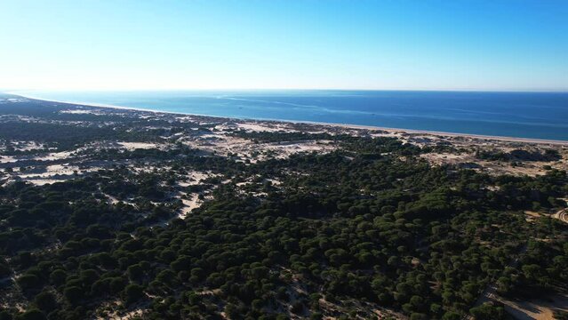 Aerial sunrise view above the beautiful sand dunes of Parque Nacional de Do&ntilde;ana