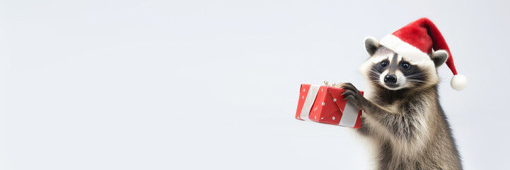 Banner with Cute raccoon in santa hat dances with red gift on white background. Merry Christmas concept. Generative AI - obrazy, fototapety, plakaty