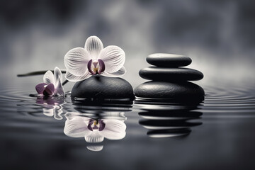 Black and white Orchids and spa stones balance on calm water. Generative AI illustration