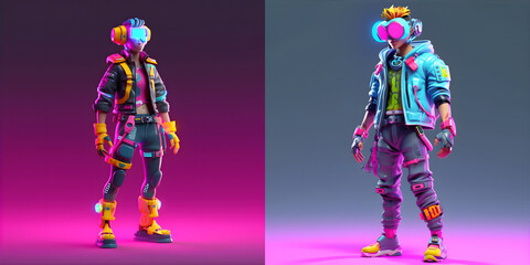 3D cartoon metaverse set. Character in vibrant neon colors, a cyberpunk vibe. Front view. Charm and a touch of futuristic flair. Generative ai.