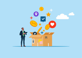 Businessman checking supply. Donation and charity concept. Donation Box with coin, money. Flat vector Illustrations.