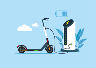 Ecological city transport. Electric scooter battery charger. Public scooter charging station. Sustainable green energy for ecology environment. Flat vector illustration © Vadym