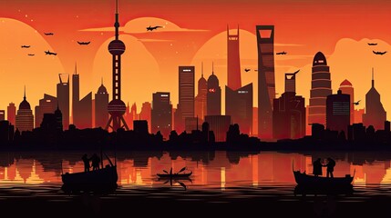 Fototapeta na wymiar Scene silhouette of famous place Beautiful landscape of Bund in Shanghai famous landmark vector.Generated with AI.
