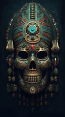 Fototapeta premium Un crâne avec un thème aztèque et des runes rougeoyantes. Montezuma roi.