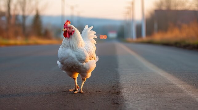 White Chicken Crossing The Road in Rural Country. Free Nature Animal with Beak. Generative AI