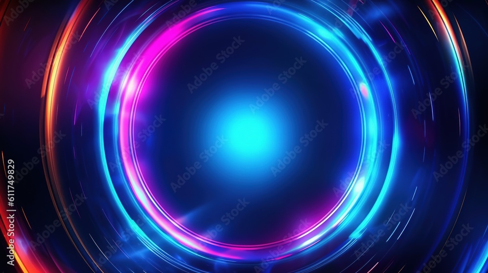 Wall mural abstract blue background with circles. radial neon background with light effects. generative ai