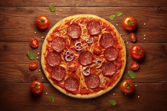 Fresh Salami Pizza on an Environmentally Inspired Wooden Surface