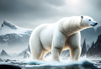 Fototapeta na wymiar Polar bear on snowdrift melting ice floe in arctic sea. Saving the Earth before ecological catastrophy. climate change concept. AI Generative, illustration