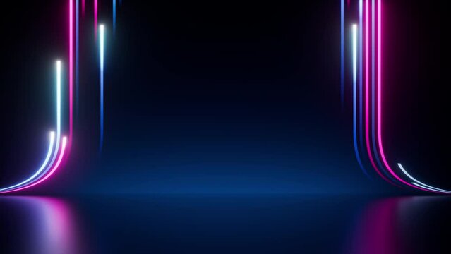 3d animation, abstract pink blue neon lines ascending from center to the sides. Digital ultraviolet background