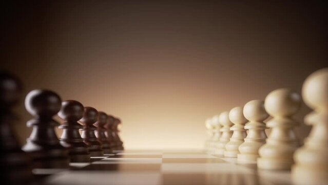 The black king chess piece falls to the chessboard and smashes the black and white pawns. 3d animation of aggressive attack and successful strategy.