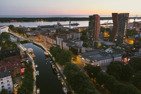 Scenic aerial view of the Old town of Klaipeda, Lithuania in evening light. Klaipeda city port area and it's surroundings on summer day.
