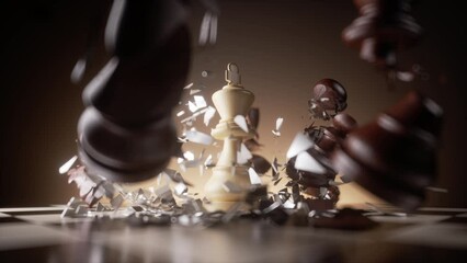 The white wooden king chess piece falls onto the chessboard and smashes the black chess pieces. 3d animation of aggressive attack and successful strategy. Winning the game. - Powered by Adobe