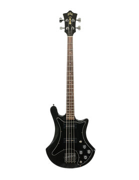Los Angeles, California, USA - June 10, 2023:  Illustrative editorial photograph of vintage Guild B-302 solid body electric bass guitar.  Instrument has cracks and damage from years of heavy use.