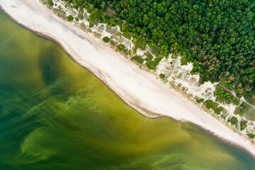 Aerial view of the Baltic Sea shore line near Klaipeda city, Lithuania. Beautiful sea coast on summer day.
