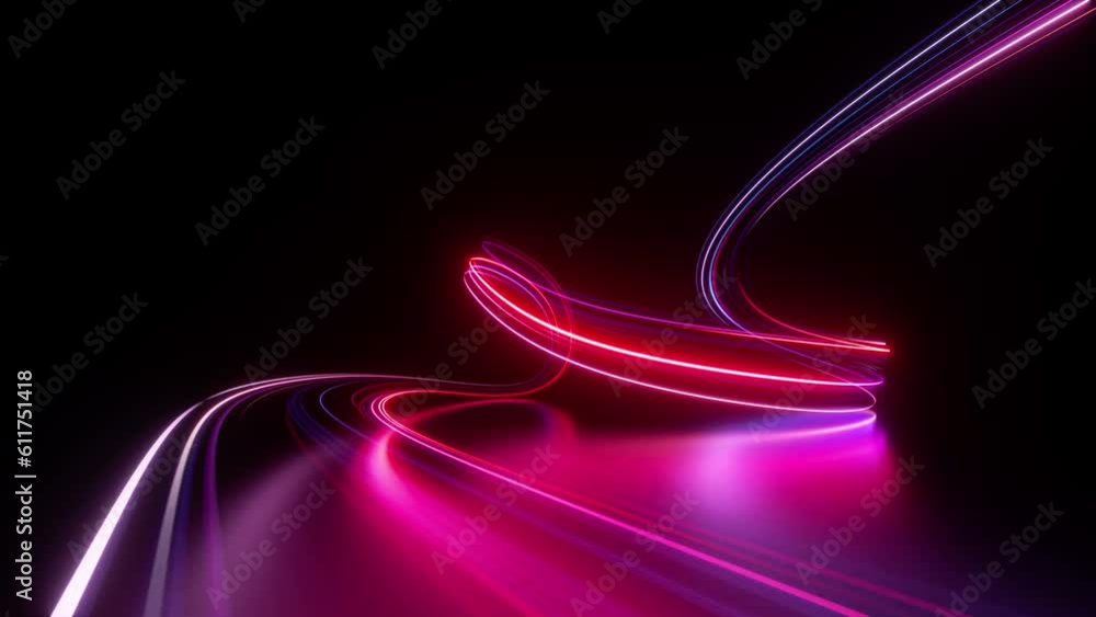Poster cycled 3d animation. abstract panoramic background. dynamic neon lines glowing in the dark room with