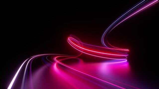 cycled 3d animation. Abstract panoramic background. Dynamic neon lines glowing in the dark room with floor reflection. Virtual fluorescent ribbon loop. Fantastic minimalist wallpaper. Speed of light