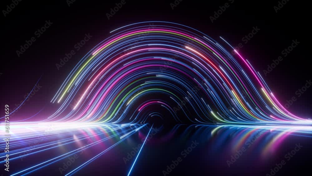 Poster abstract black background with pink and blue neon glowing lines that move into the distance, curve a