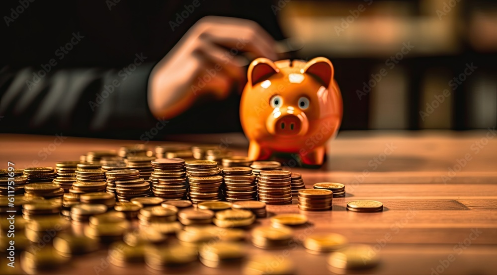 Poster person and stack of coins with yellow piggy bank on wooden table and small calculators on board gene