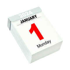 Calendar 2024  January 1  Monday isolated on white background