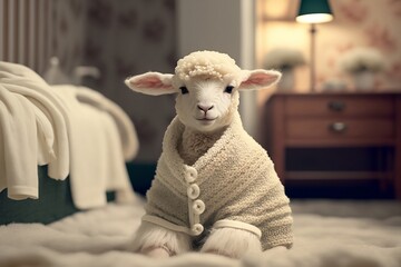 A cute little lamb in homemade knitted clothes