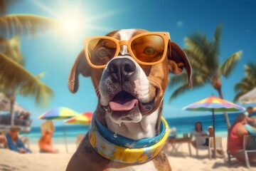 Obraz na płótnie Canvas generative AI illustration of a dog sitting on a beach wearing sunglasses.