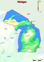 Physical map of Michigan with mountains, plains, bridges, rivers, lakes, mountains, cities