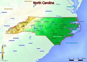 Physical map of North Carolina with mountains, plains, bridges, rivers, lakes, mountains, cities