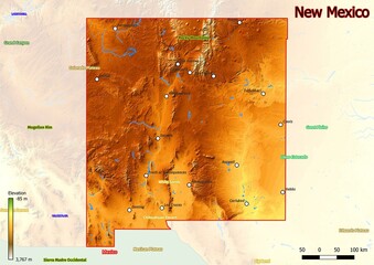 Physical map of New Mexico with mountains, plains, bridges, rivers, lakes, mountains, cities