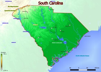 Physical map of South Carolina with mountains, plains, bridges, rivers, lakes, mountains, cities
