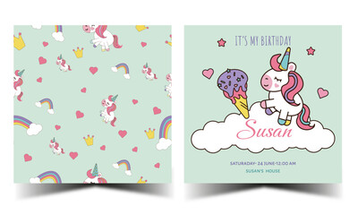 Seamless pattern front for card or wallpaper and card invitation with unicorn design and staff in light green. CMYK format, ready to print. Vector illustration