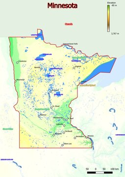 Physical map of Minnesota with mountains, plains, bridges, rivers, lakes, mountains, cities