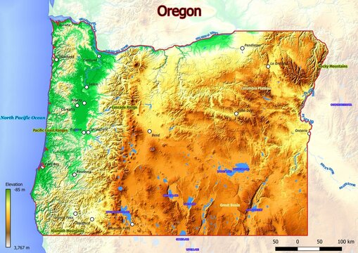 Physical map of Physical map of Oregon with mountains, plains, bridges, rivers, lakes, mountains, cities