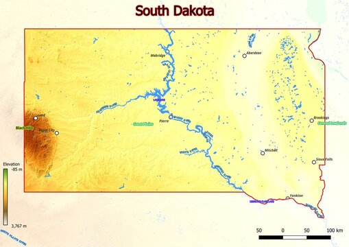 Physical map of South Dakota with mountains, plains, bridges, rivers, lakes, mountains, cities
