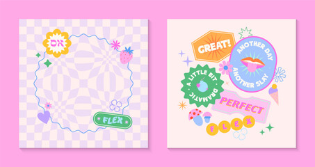 Vector set of cute templates with patches and stickers in 90s style.Modern symbols in y2k aesthetic with text.Trendy funky designs for banners,social media marketing,branding,packaging,covers
